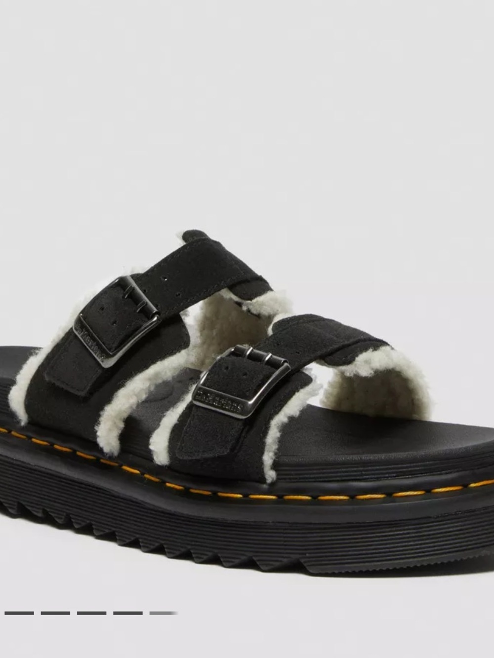 Dr. Martens Black Suede Shearling Two-Strap Slide with Yellow Stitching